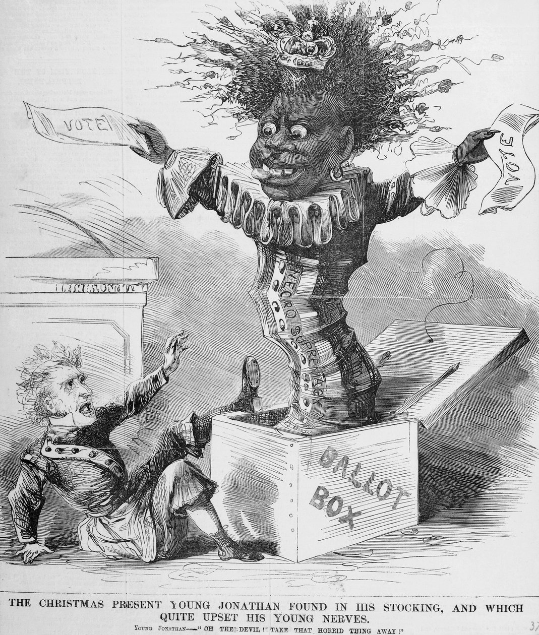 Politikai karikatúra, amely Andrew Jackson elnököt (1767-1845) ábrázolja, amint megijedt a fekete szavazás kilátásától Amerikában alkotó: American School