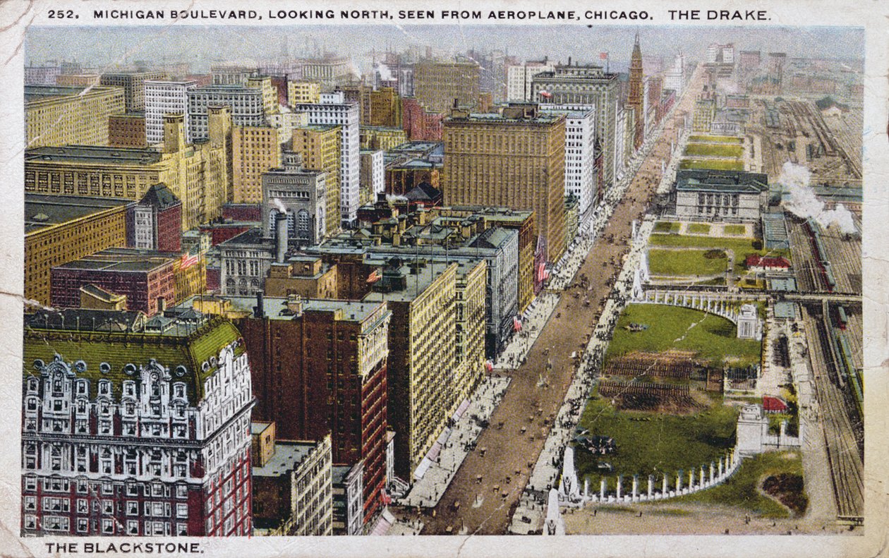 Képeslap, amely a Michigan Boulevardot ábrázolja, Chicago, 1930 körül alkotó: American School