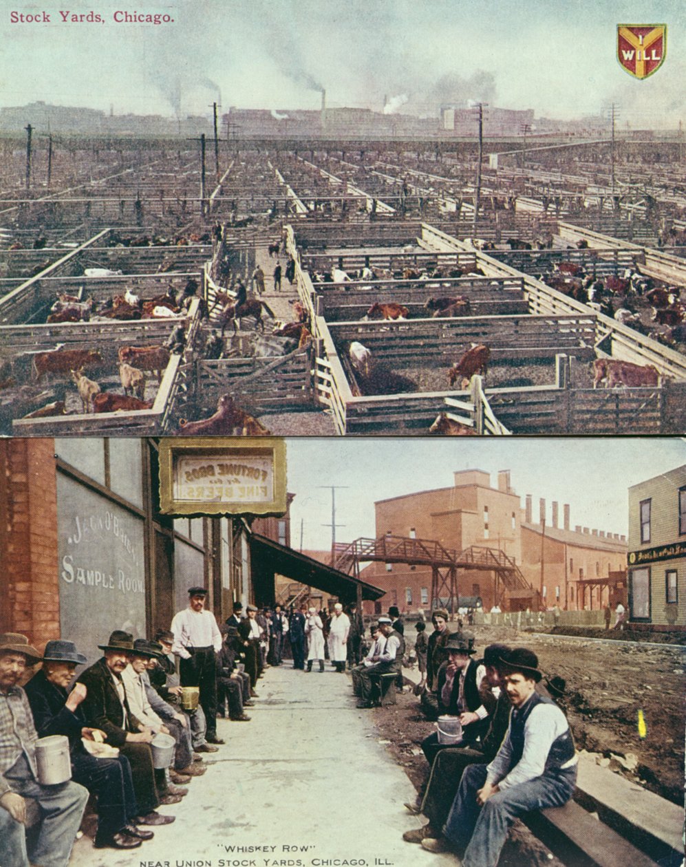 Képeslap, amely Chicagó raktártelepeit és vágóhidait ábrázolja, valamint a munkásokat ebédlővödörrel a Whisky Row-ban, 1910 körüli szünetében (színes fotó) alkotó: American School