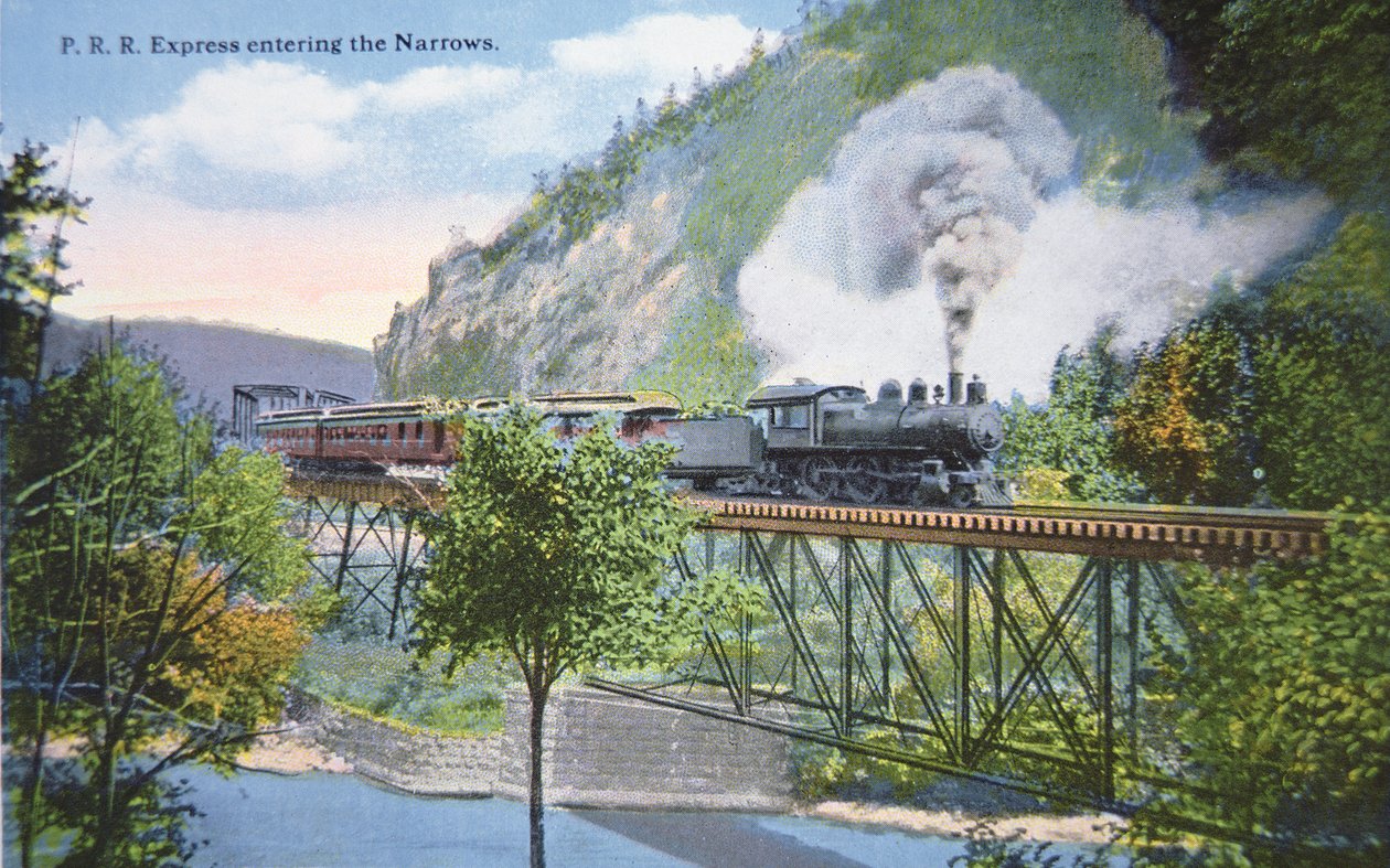 Képeslap egy Pennsylvania Railroad Expressről, amint behatol a Narrowsba Cumberlandben, Marylandben, 1910 körül (színes litó) alkotó: American School