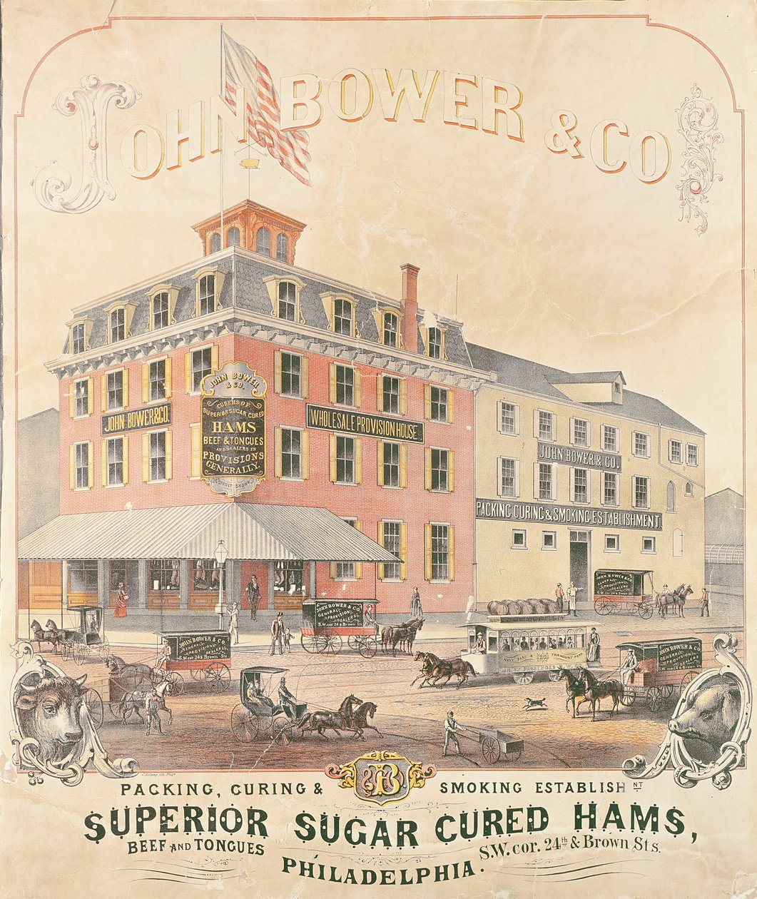 John Bower & Co. Superior Sugar Cured Hams-t reklámozó plakát alkotó: American School