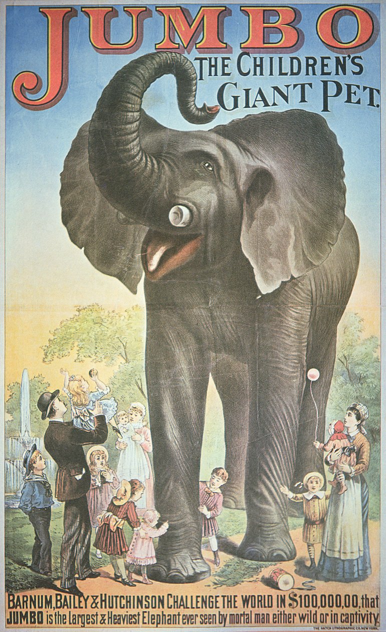 „Jumbo, a gyermekek óriás kedvence” plakát a „Barnum, Bailey & Hutchinson Circus”-ban, 1900 körül (színes litó) alkotó: American School