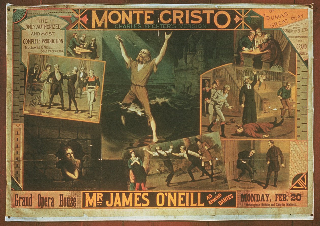 James ONeill urat Edmond Dantes szerepében reklámozó plakát a Monte Cristo grófja Charles Fichter-változatában alkotó: American School
