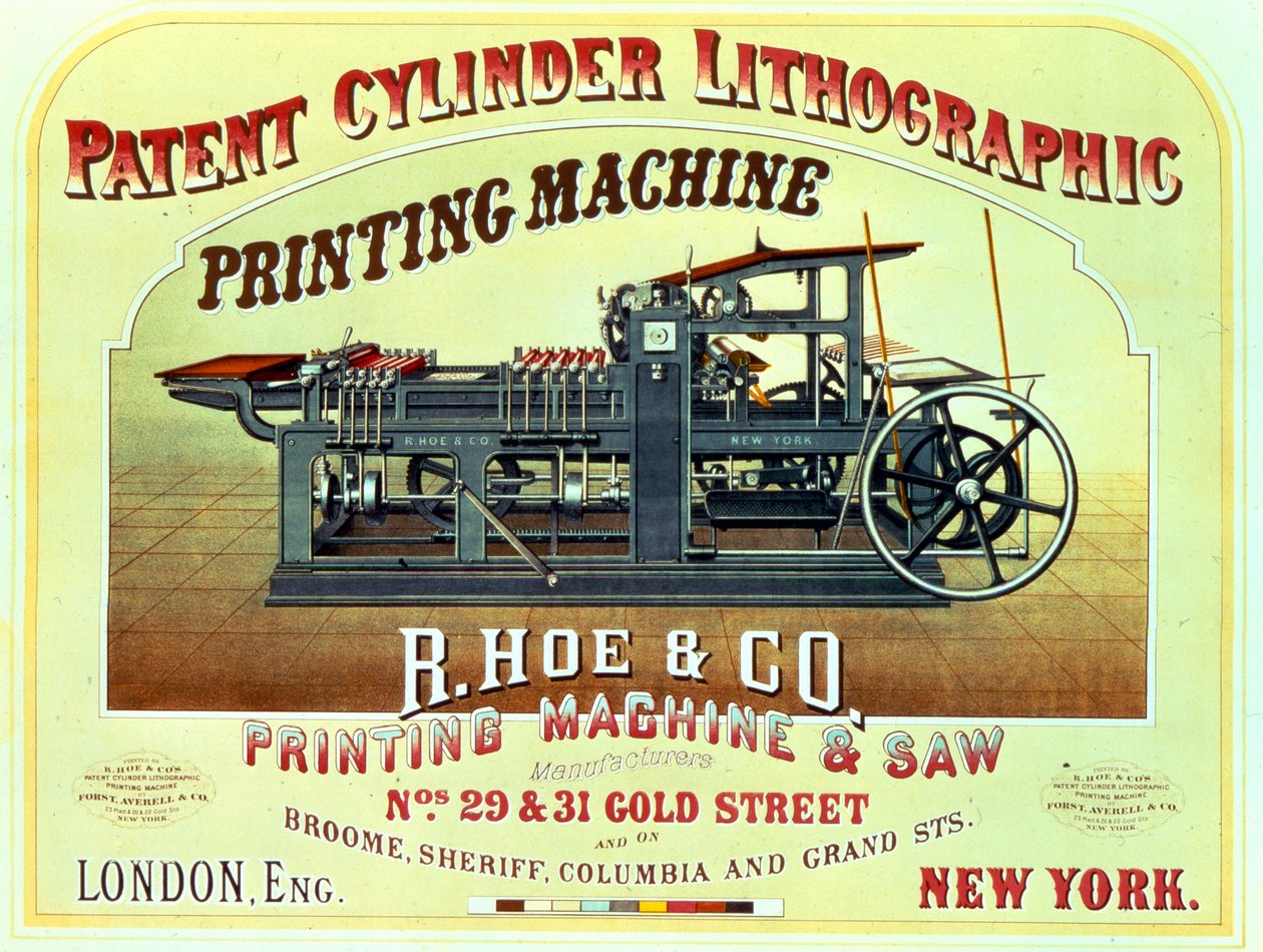 Reklámplakát Patent Cylinder Lithographic Printing Machine, R. Hoe & Co., London és New York alkotó: American School