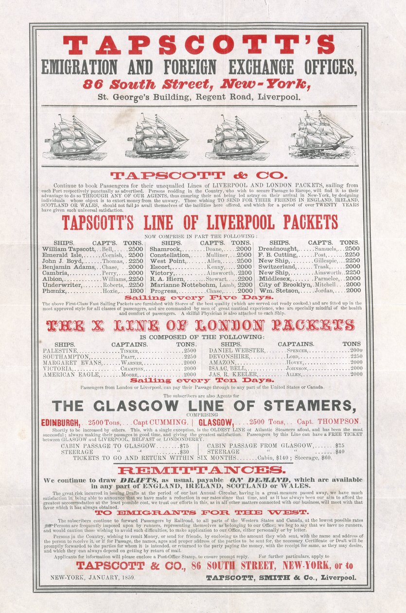 Tapscotts Emigration and Foreign Exchange Offices, New York-i plakát, 1859. január alkotó: American School