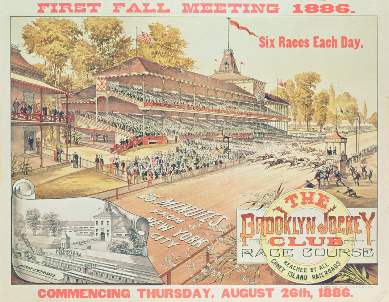A Brooklyn Jockey Club versenypályáját reklámozó plakát, 1886 alkotó: American School