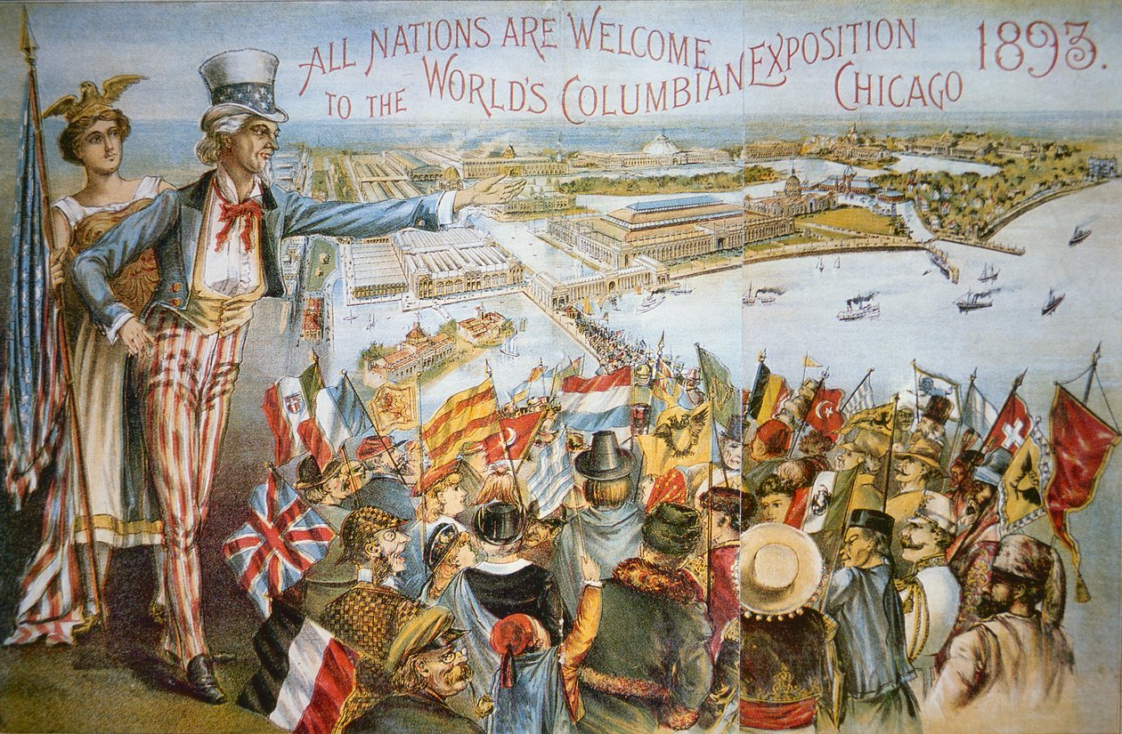 A Columbian Világkiállítást reklámozó plakát, Chicago 1893 (színes litó) alkotó: American School