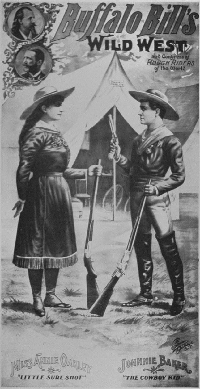 Buffalo Bill (1846-1917) vadnyugati show-jának plakátja Annie Oakley-vel (1860-1926) és Johnnie Bakerrel, a Cowboy Kölyökkel alkotó: American School
