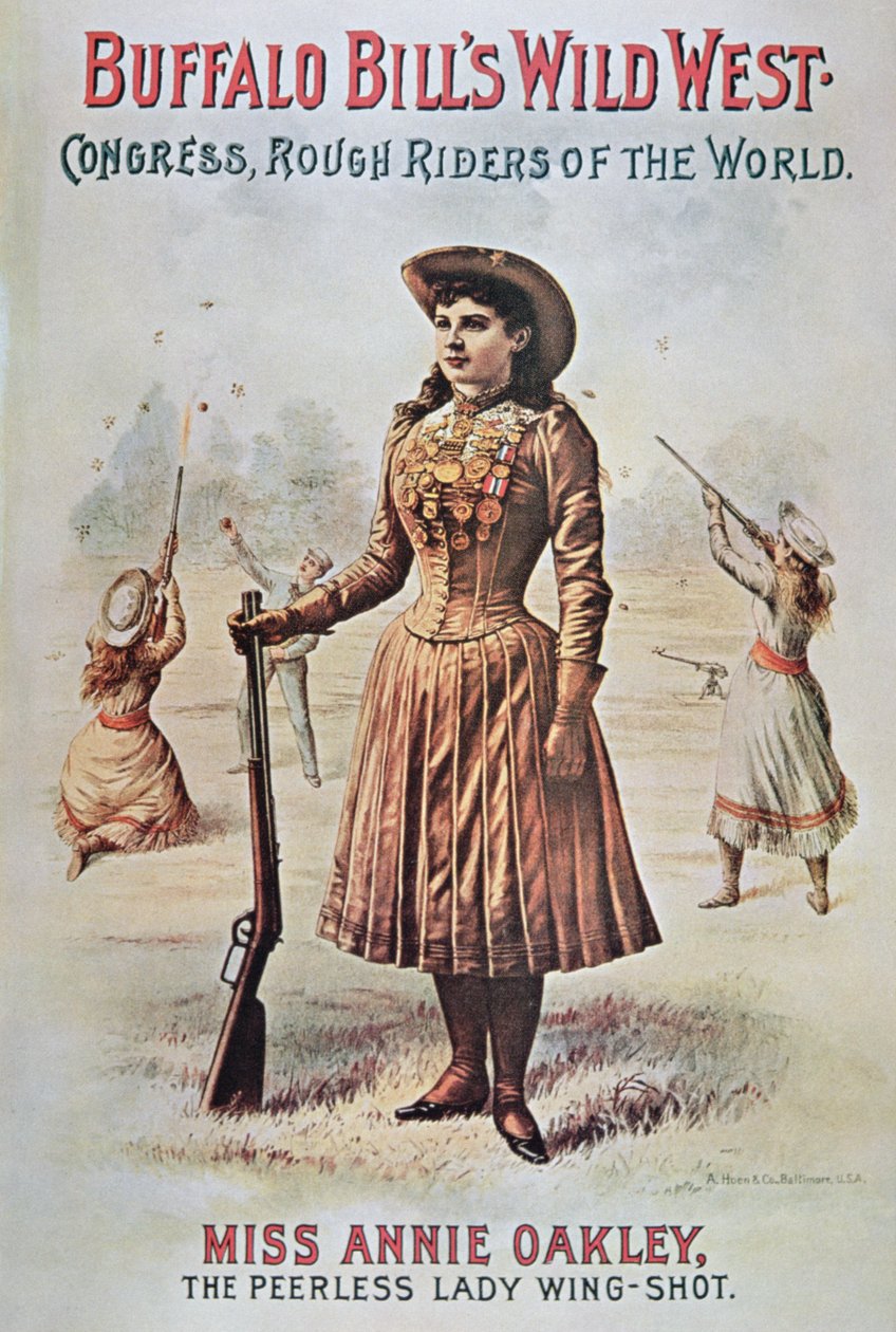 Buffalo Bill (1846-1917) vadnyugati műsorának plakátja, Annie Oakley (1860-1926) közreműködésével 1899 körül (színes litó) alkotó: American School