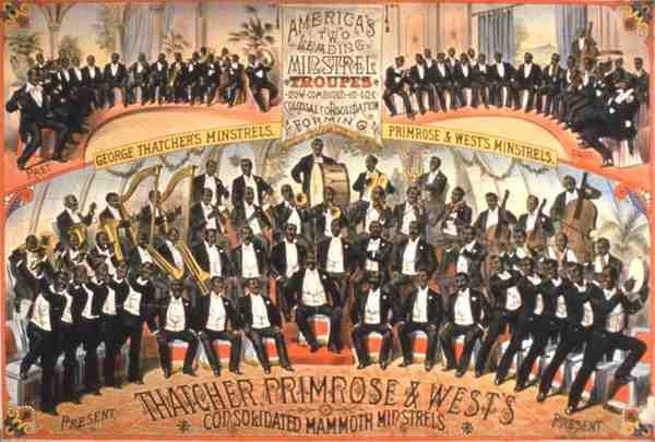 A „Consolidated Mammoth Minstrels” plakátja „George Thatcher’s Minstrels and Primrose and West’s Minstrels” főszereplésével (színes litó) alkotó: American School