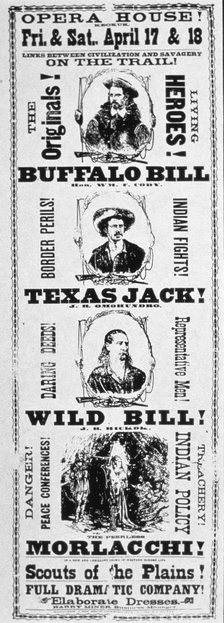 A "Síkság felderítői" című darab plakátja Buffalo Bill (1846-1917), Texas Jack (1846-79) és Wild Bill Hickok (1837-76) főszereplésével 1873 (nyomtatott) alkotó: American School