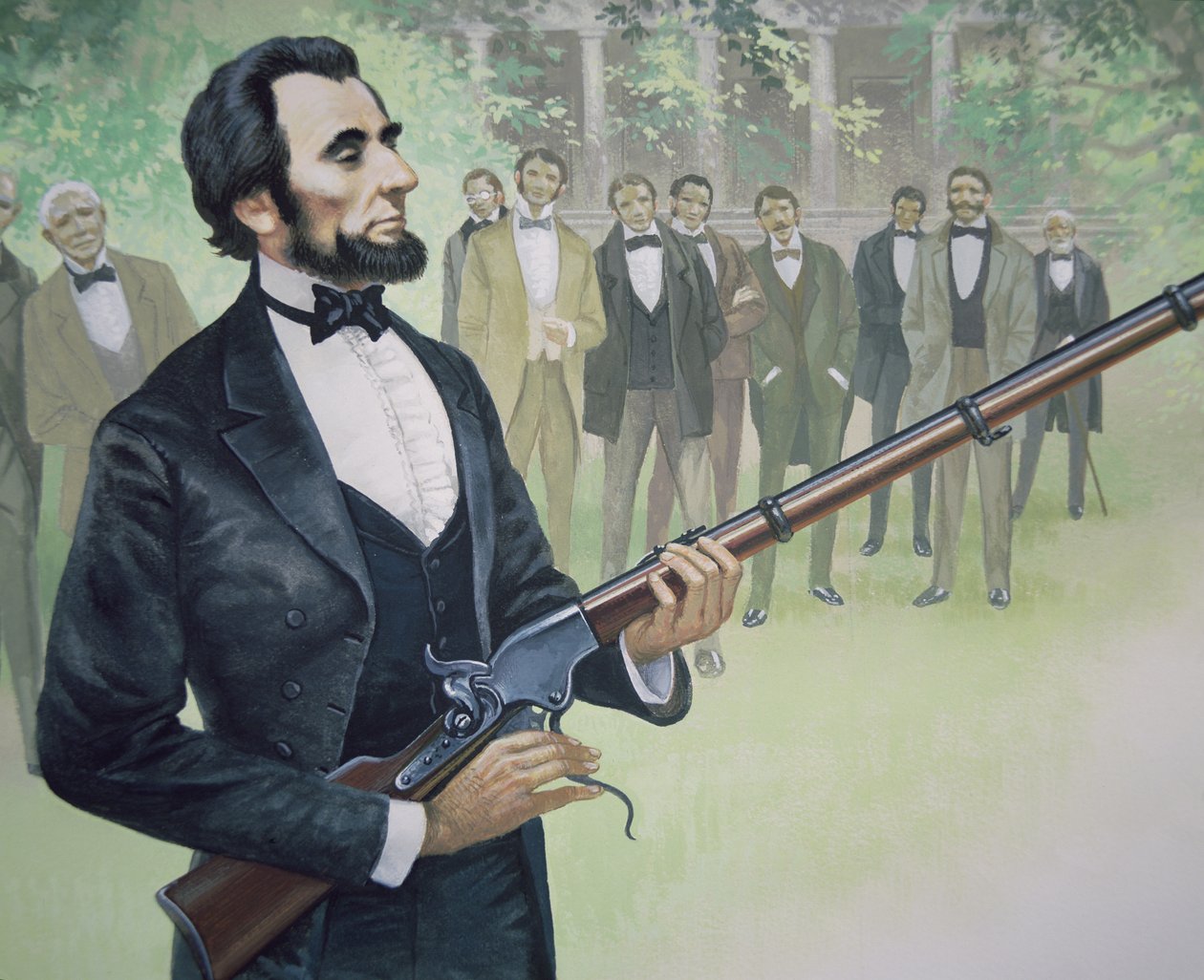 Abraham Lincoln elnök 1863 augusztusában teszteli a Spencer hétlövéses ismétlőpuskát (színes litó) alkotó: American School