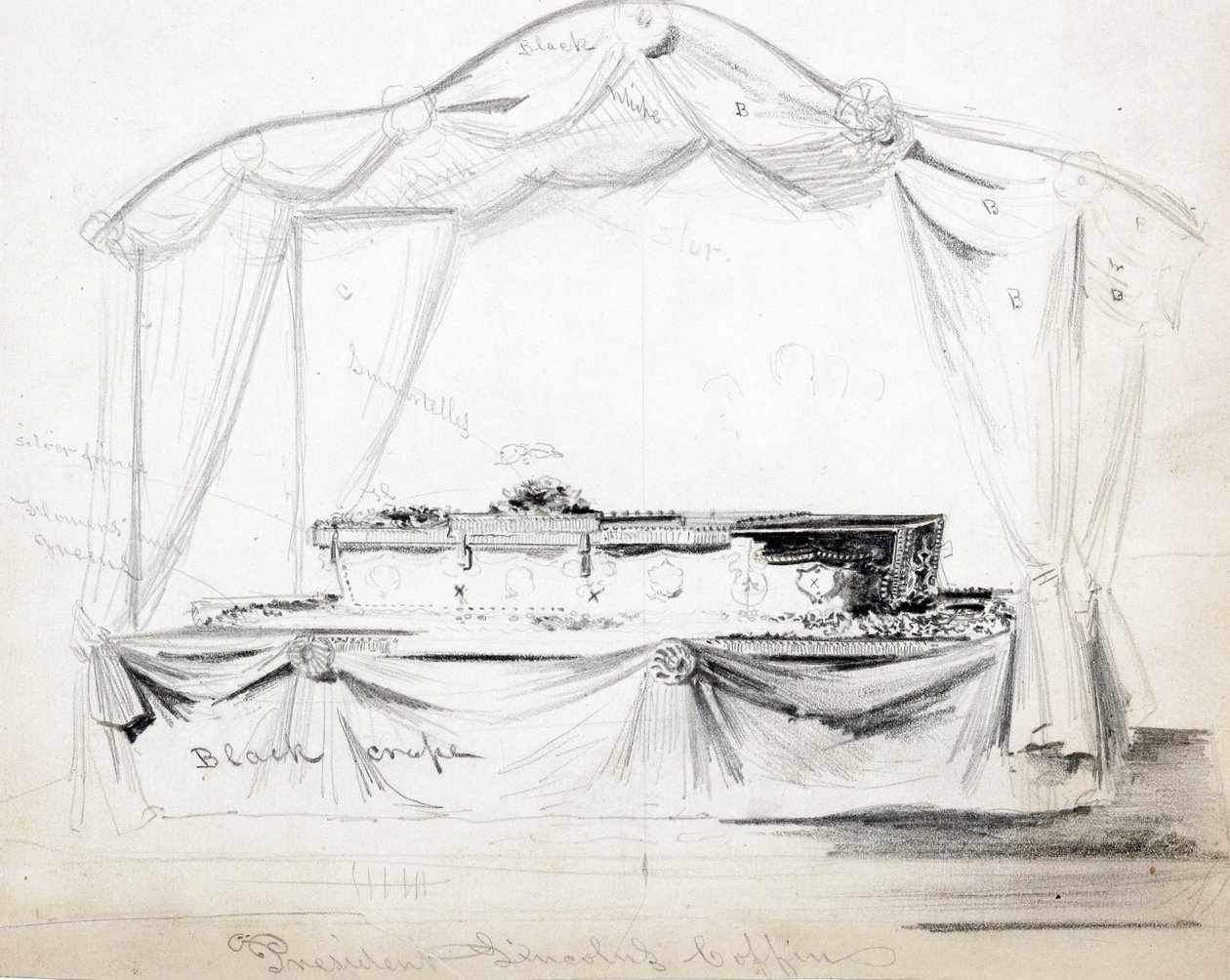 Abraham Lincoln elnök koporsója államban hever a Fehér Házban, Washington D.C., 1865. április (ceruza, tinta és mosás papíron) alkotó: American School
