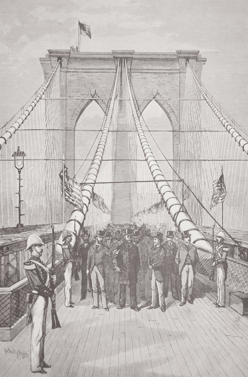 Chester A. Arthur elnök az új Brooklyn híd megnyitó ünnepségén, 1883. május 24-én (litho) alkotó: American School