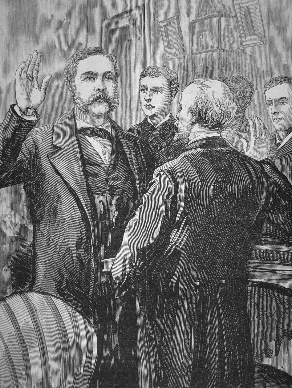 Chester A. Arthur elnök hivatali esküt tesz James Garfield halála után, 1881. szeptember 20-án (litho) alkotó: American School