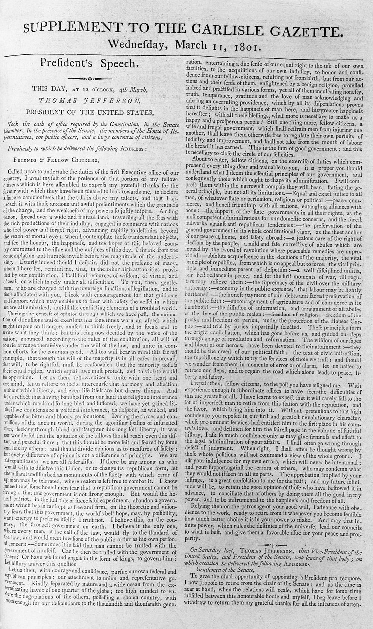 Jefferson elnök beiktatási beszéde, a Carlisle Gazette melléklete, 1801. március 11. alkotó: American School