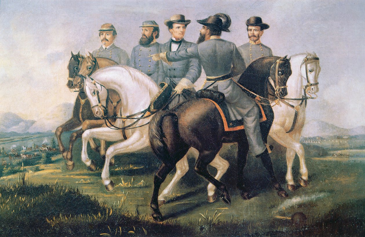 A Konföderációs Államok elnöke az amerikai polgárháború idején, tábornokaival (olaj, vászon) alkotó: American School