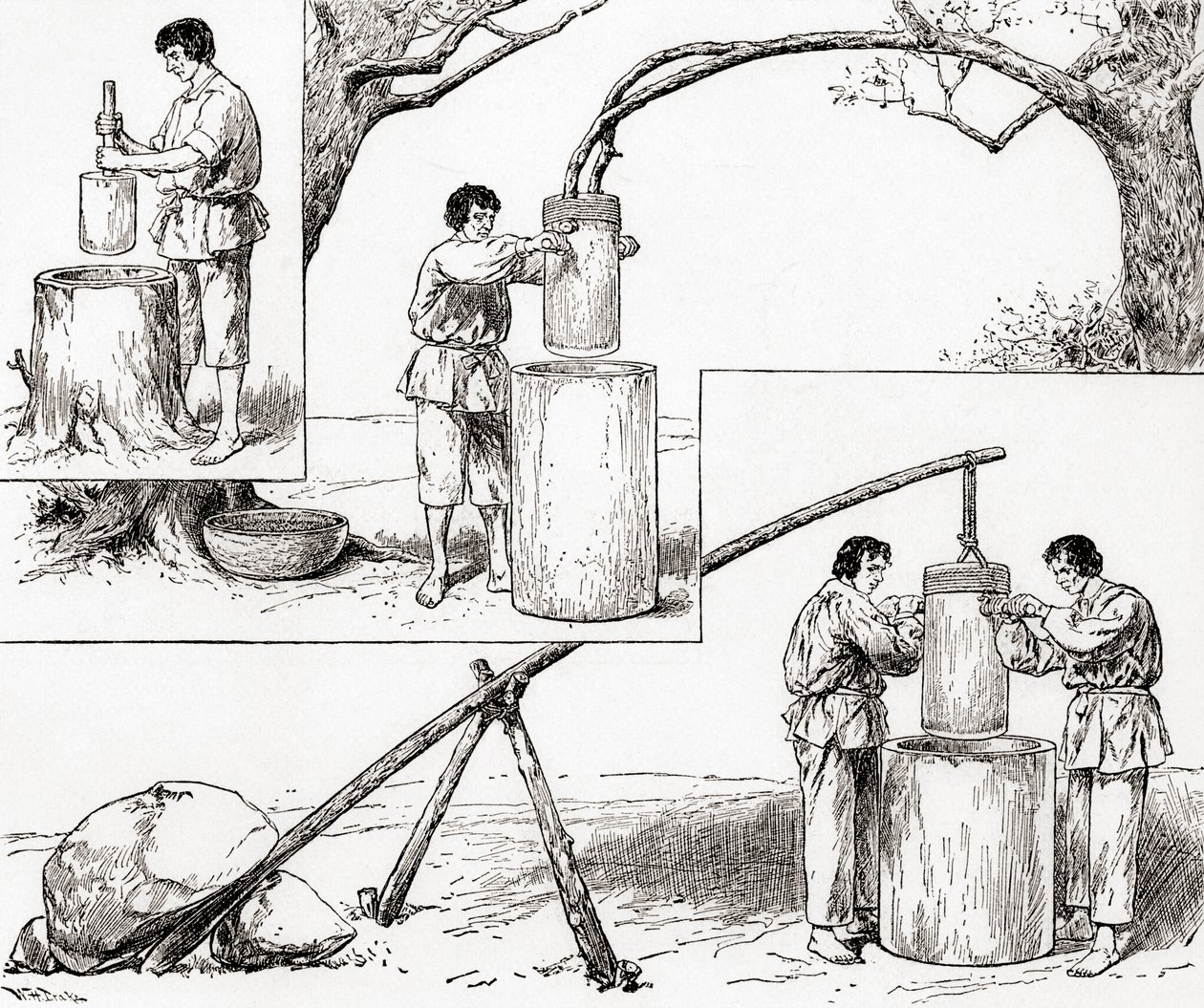 A kukorica őrlésének primitív módjai a „The Century Illustrated Monthly Magazine”-ból, 1884-ben (fametszet) alkotó: American School
