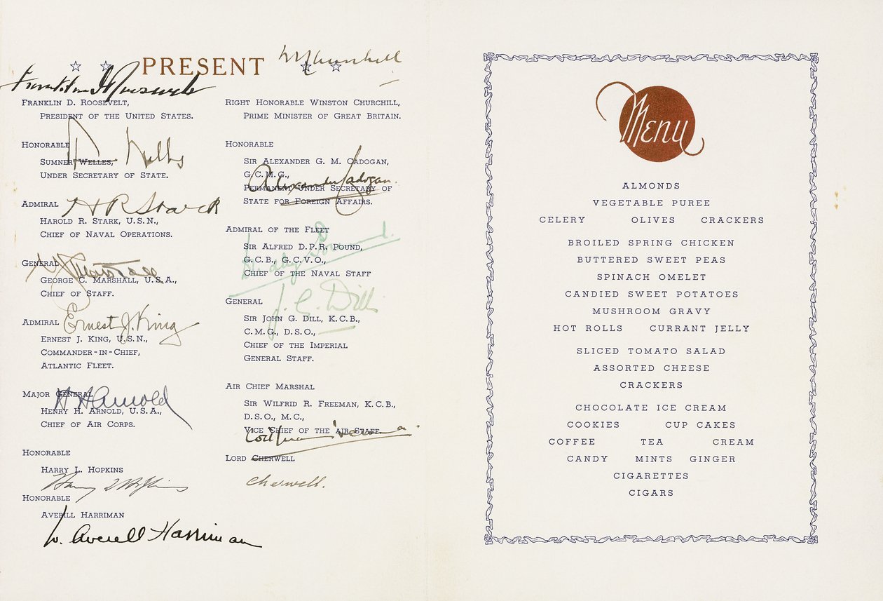 Nyomtatott étlap Winston Churchill és Franklin D. Roosvelt aláírásával, az Egyesült Államok zászlóshajója, Augusta, Ship