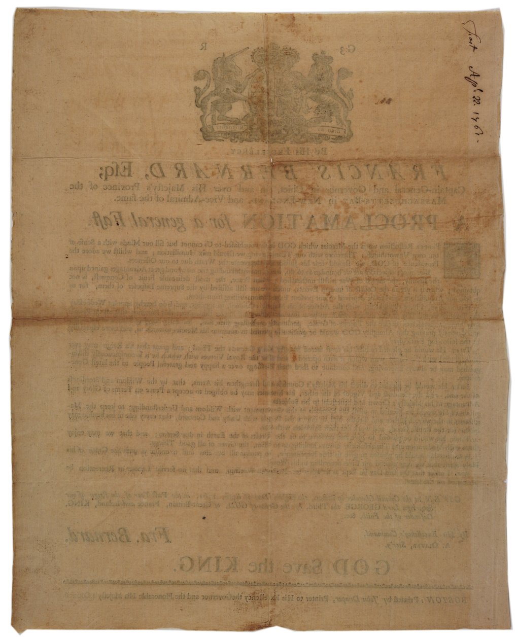 Kiáltvány Francis Bernard, Massachusetts Bay kormányzója nevében: böjtnap meghirdetése a francia és indiai háború idején, 1761. április 8. alkotó: American School