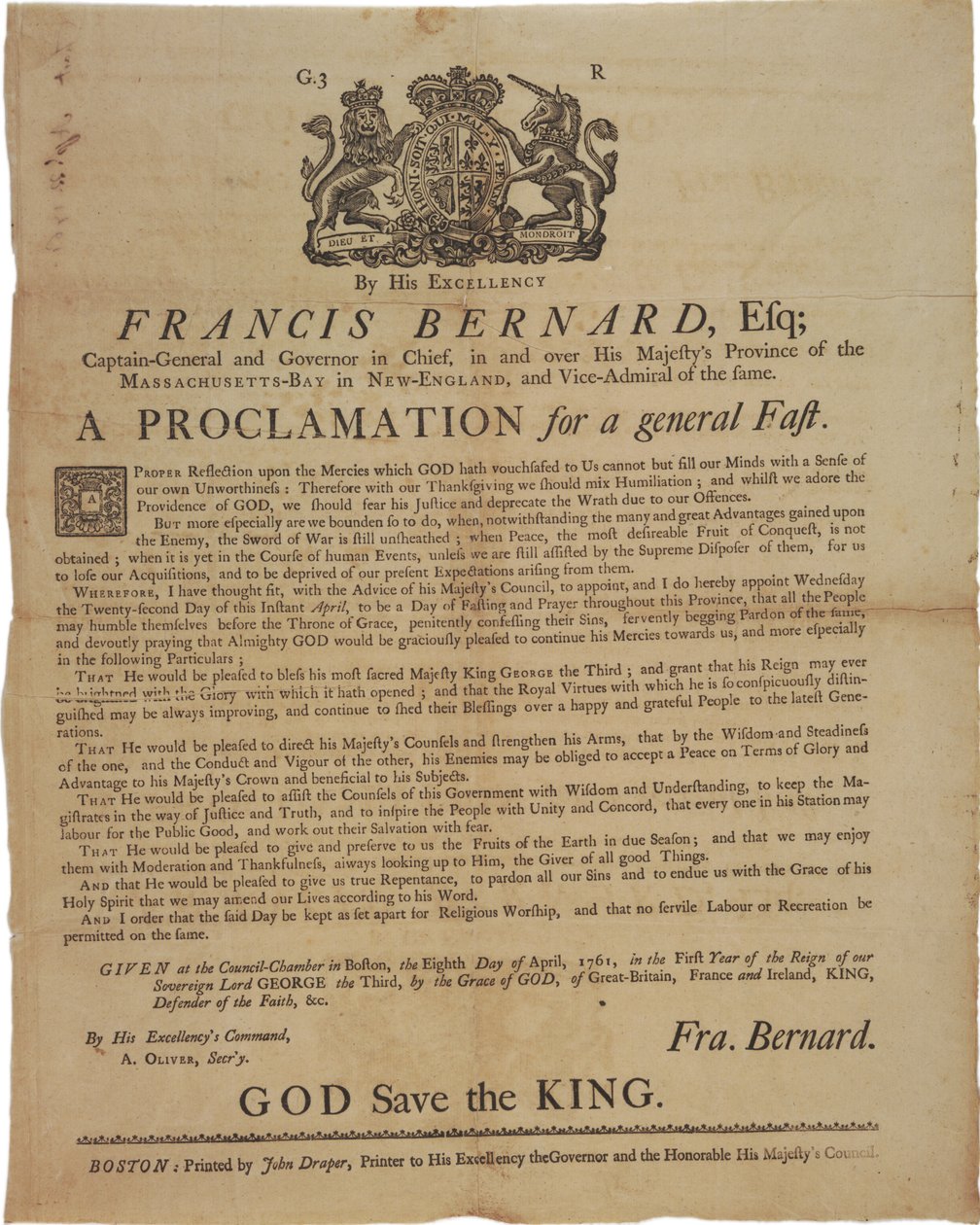 Kiáltvány Francis Bernard, Massachusetts Bay kormányzója nevében: böjtnap meghirdetése a francia és indiai háború idején, 1761. április 8. alkotó: American School