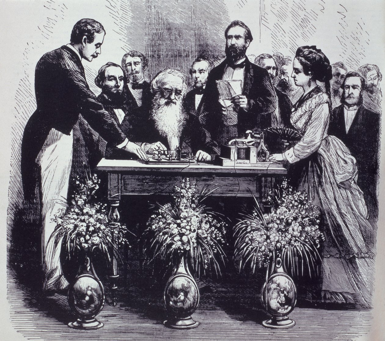 Samuel Finley Breese Morse professzor (1791-1872) elmagyarázza találmányának funkcióját alkotó: American School