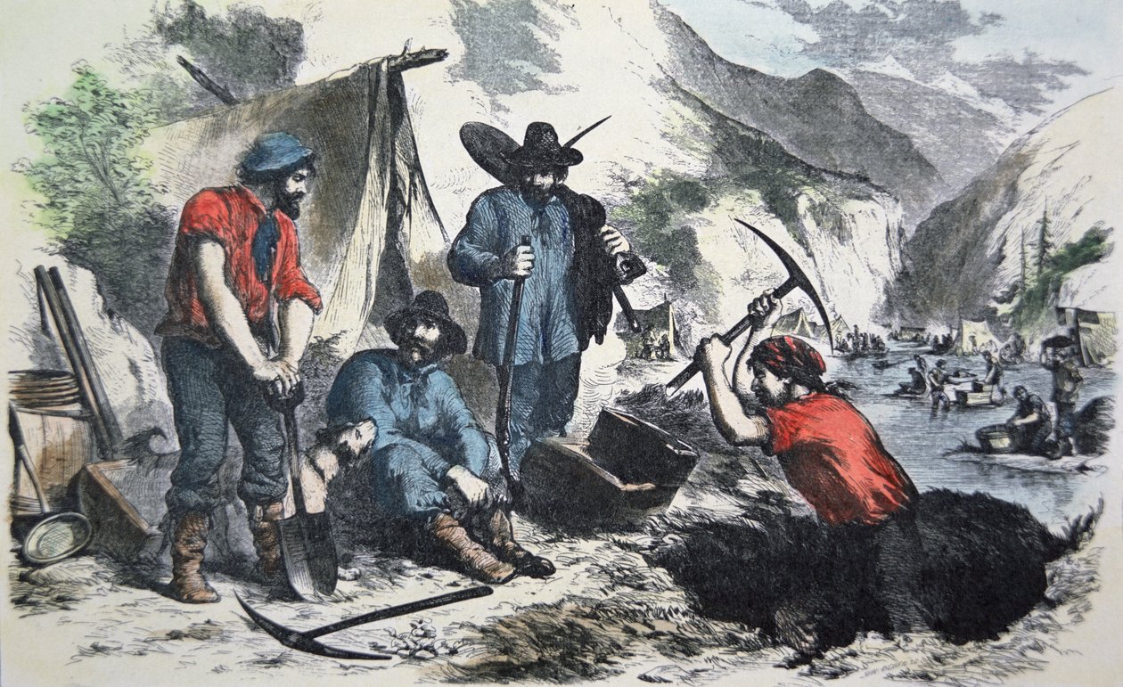 Kutatók az 1849-es kaliforniai aranyláz idején (színes litó) alkotó: American School