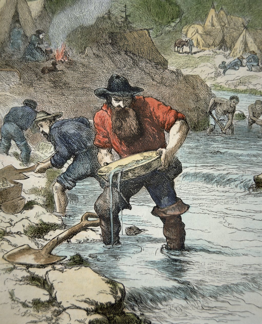 Aranykutatók az 1849-es kaliforniai aranyláz idején (színes metszet) alkotó: American School