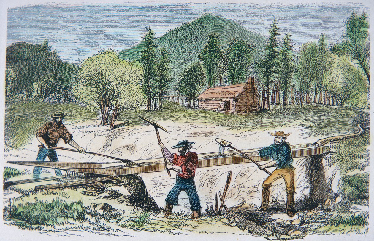 Kutatók zsilip segítségével az 1849-es kaliforniai aranyláz idején (színes litó) alkotó: American School