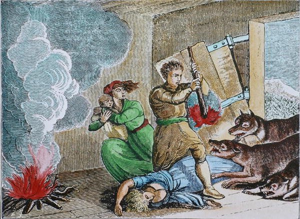 Ragadozó farkasok betörnek egy úttörő kabinjába (színes metszet) alkotó: American School