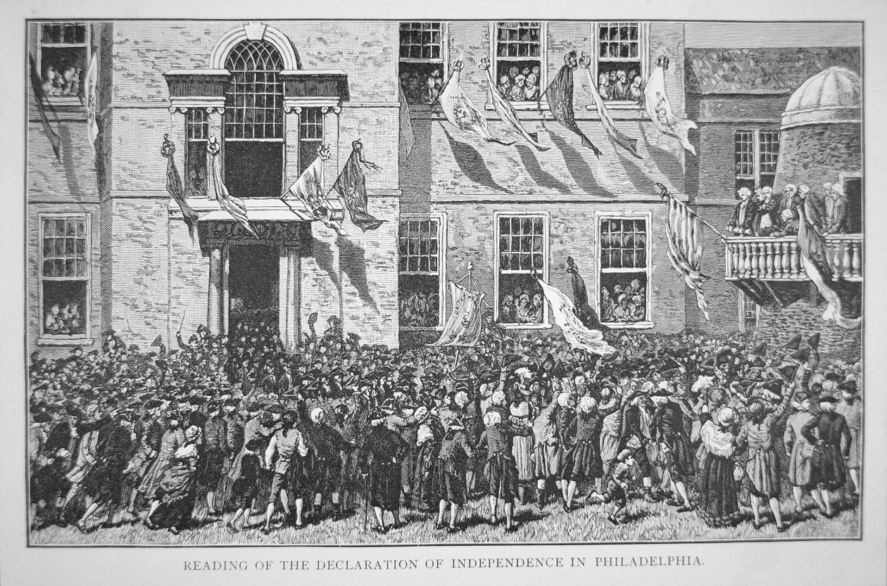 A Függetlenségi Nyilatkozat felolvasása Philadelphia polgárai számára, 1776. július 8. (litho) alkotó: American School