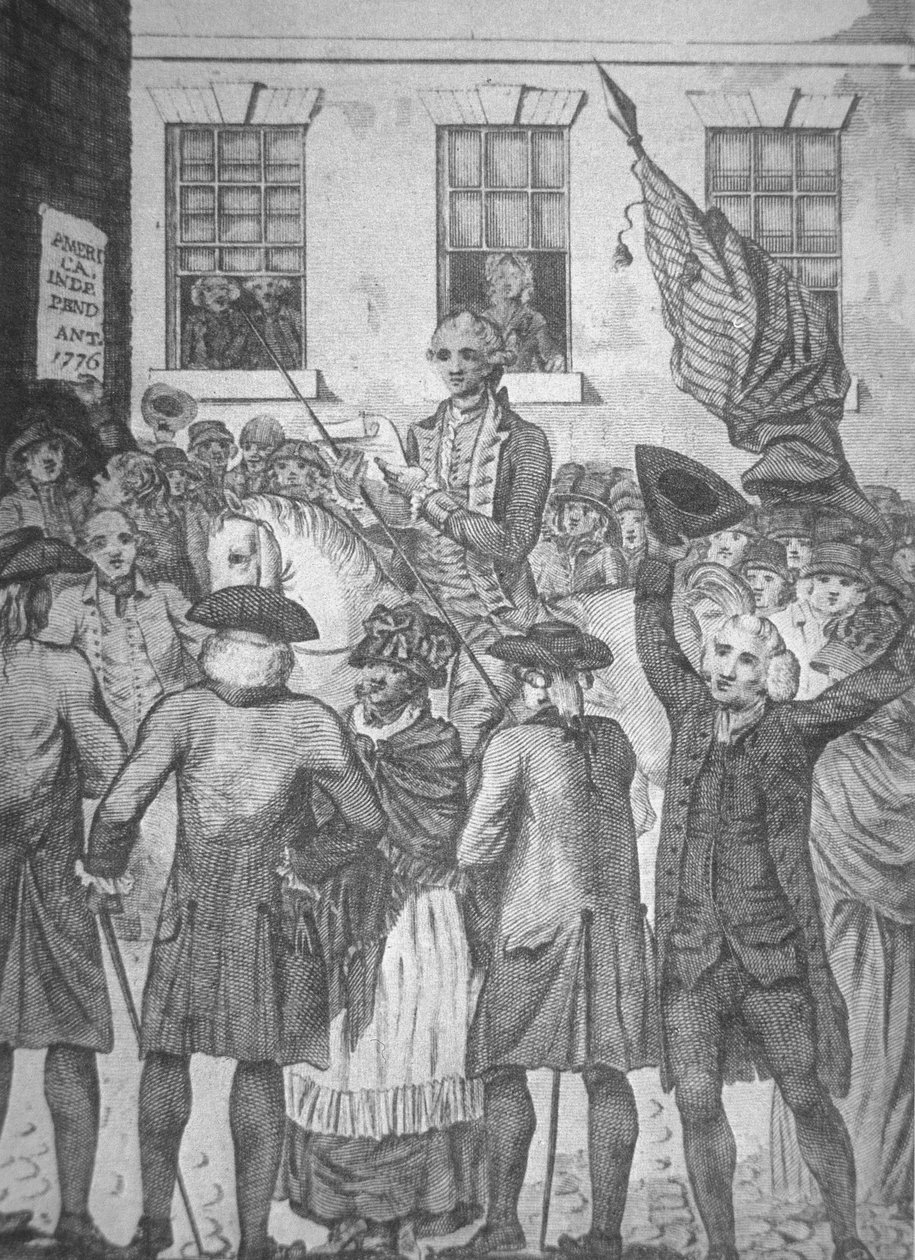 A Függetlenségi Nyilatkozat felolvasása a nyilvánosság előtt 1776-ban (litho) alkotó: American School