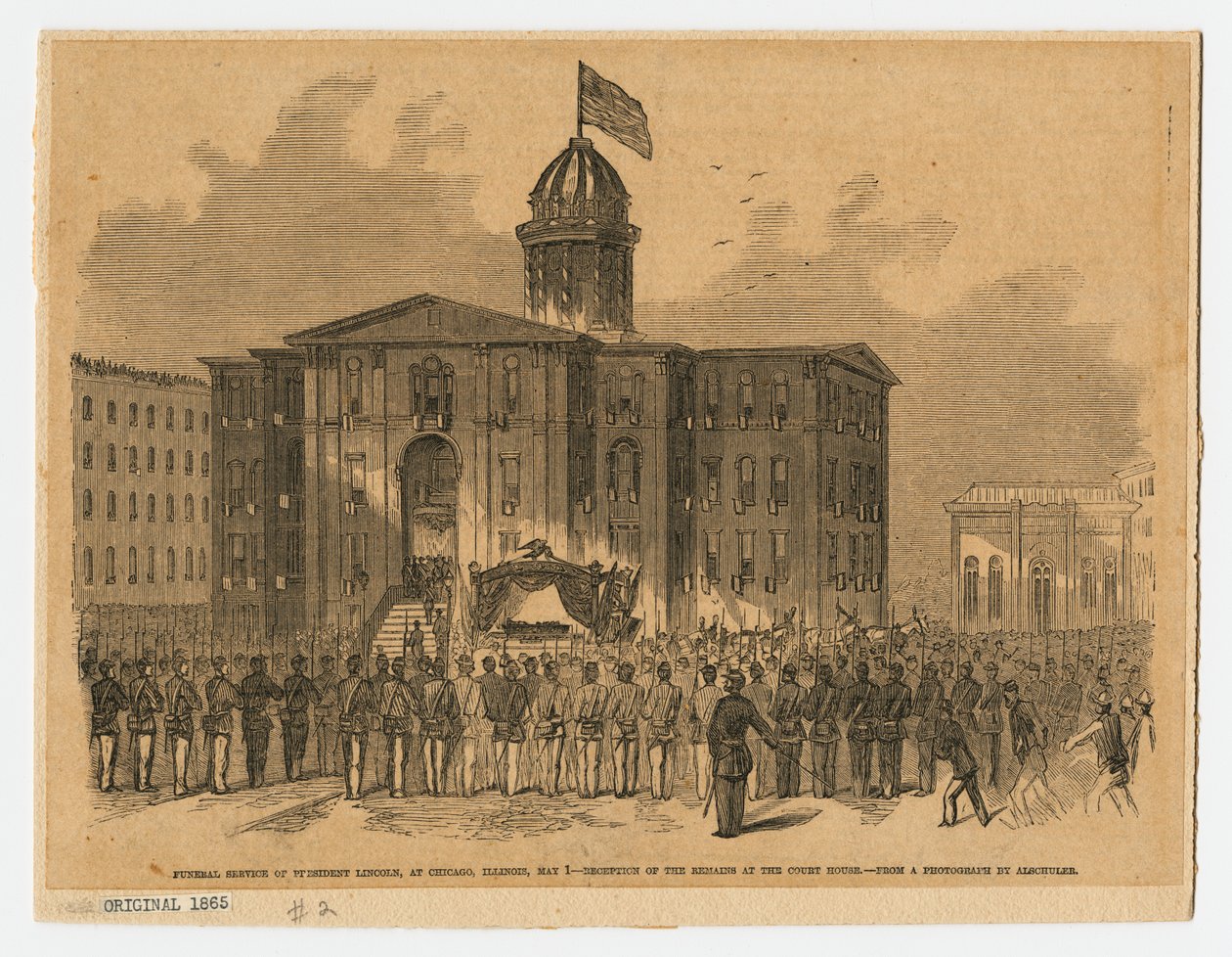 Fogadás a bíróságon Abraham Lincoln temetése alatt, Chicago, Illinois alkotó: American School