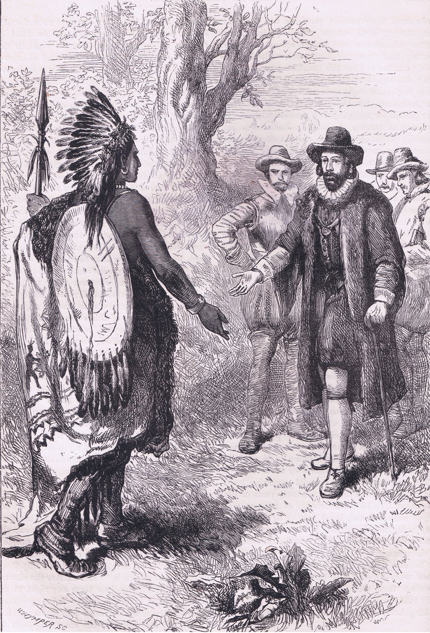 Egy Naragansett harcos fogadása, illusztráció Cassell History of the United States pubjából. készítette: Petter & Galpin 1890 körül (litho) alkotó: American School