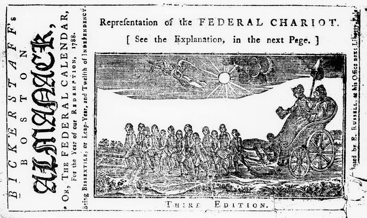 A Szövetségi Szekér ábrázolása, borítóillusztráció a Bickerstaffs Boston Almanack-ból, 1788-ban alkotó: American School