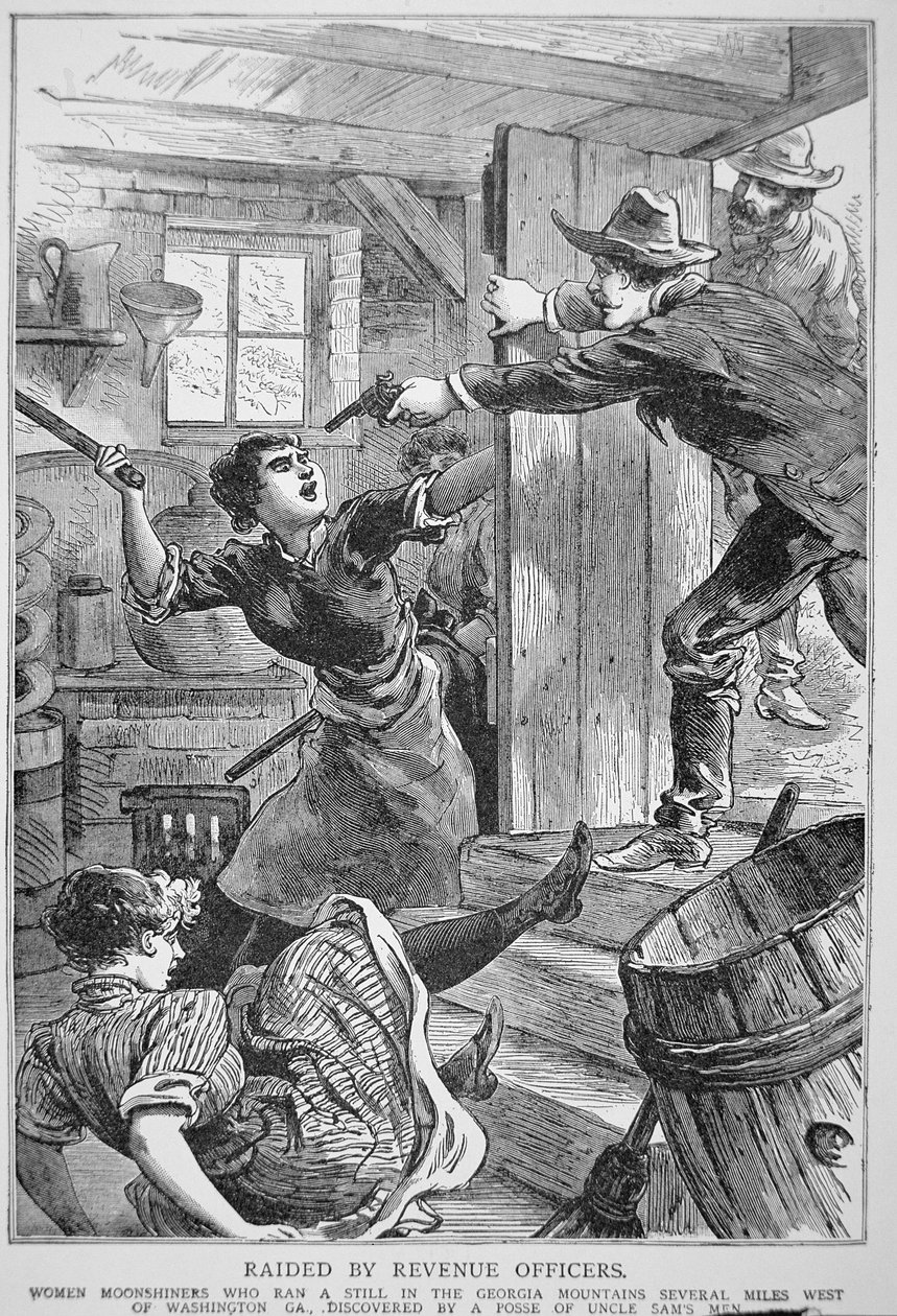 Adótisztek a "Police Gazette" című lapból a Georgia-hegységben még mindig illegális szeszesitalra csaptak le. alkotó: American School