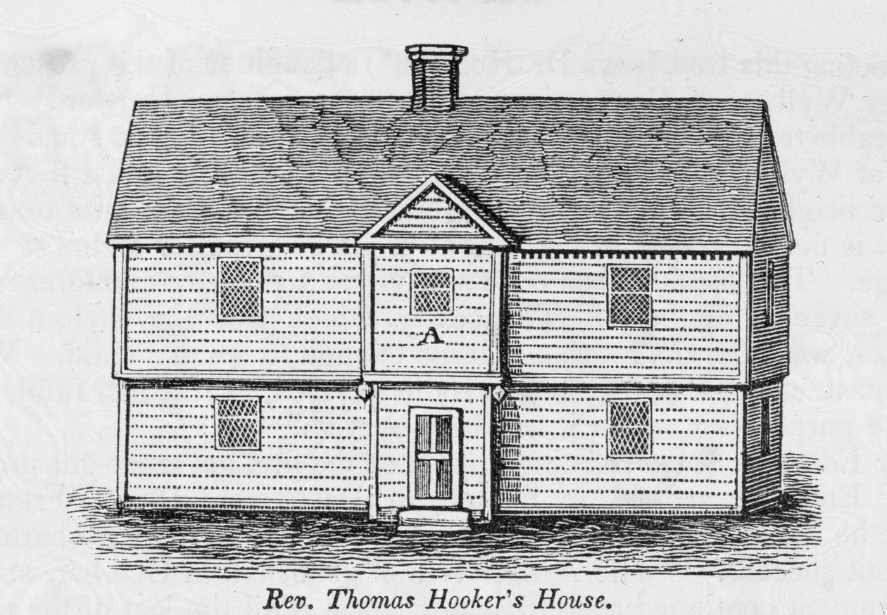Thomas Hooker tiszteletes háza, a "Connecticut Historical Collections"-ből, John Warner Barber, 1856 alkotó: American School