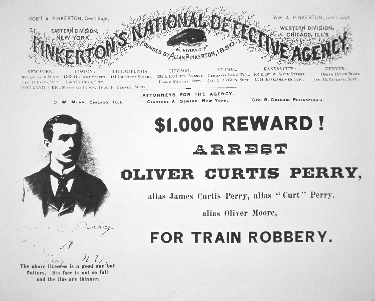A Pinkerton Nemzeti Nyomozó Ügynöksége által kiadott jutalomplakát Oliver Perry letartóztatásáért alkotó: American School