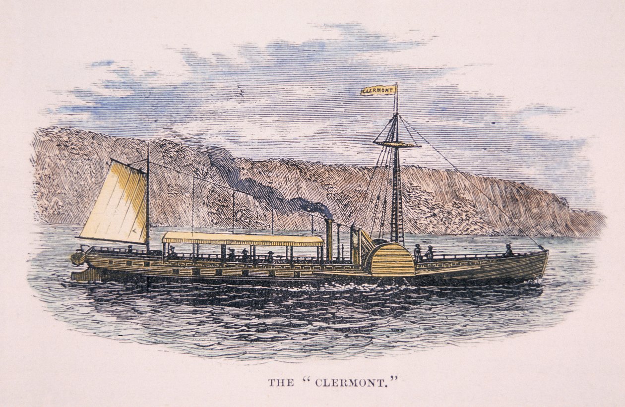 Robert Fulton (1765-1815) „Clermont” gőzhajója a Hudson folyón, New York alkotó: American School