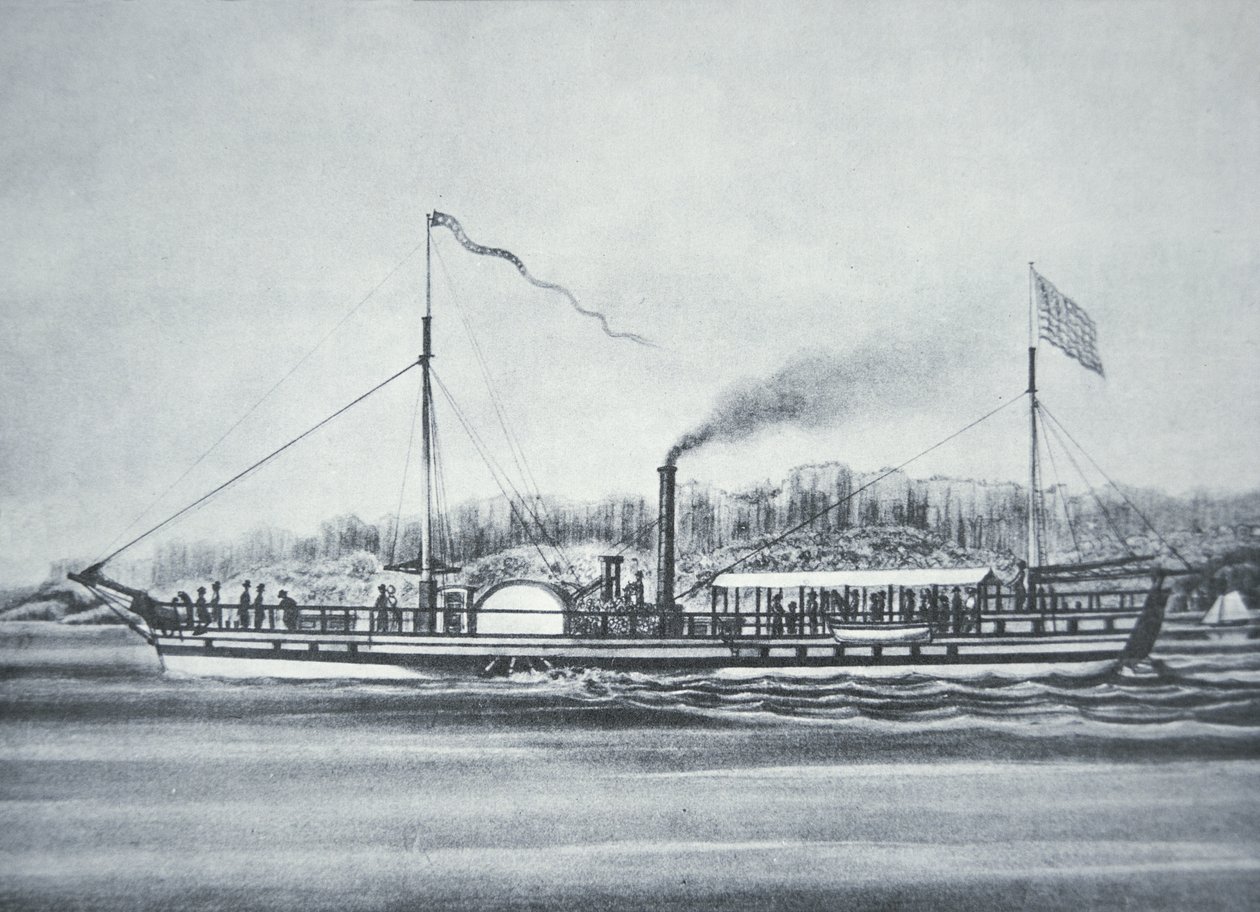 Robert Fulton gőzhajója a "Clermont", a Hudson folyón, New York alkotó: American School