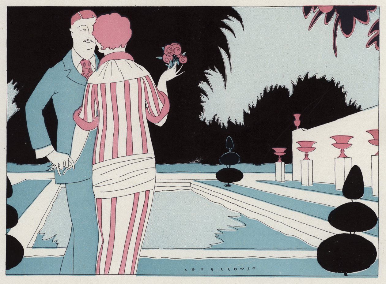Romantikus pár kézen fogva a medencénél, jelenet J. A. Waldron Prospective Honeymooners című novellájából (színes litográfia). alkotó: American School