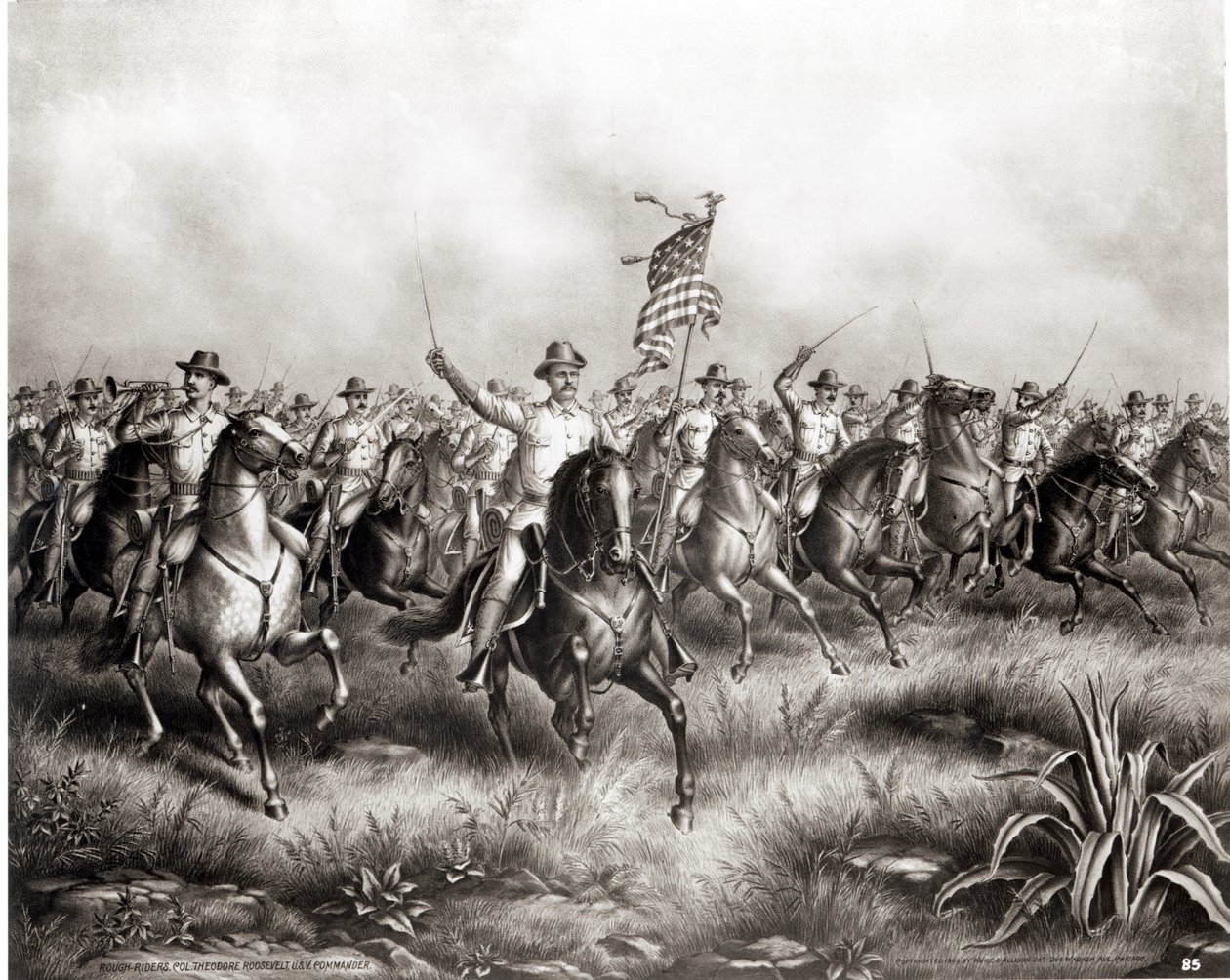 Rough Riders: Theodore Roosevelt ezredes, az Egyesült Államok parancsnoka, San Juan Hill, Santiago, Kuba, 1898 alkotó: American School
