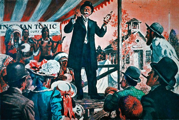 Vidéki Amerika: a mindent gyógyító tonik (színes litho) utazó eladója alkotó: American School