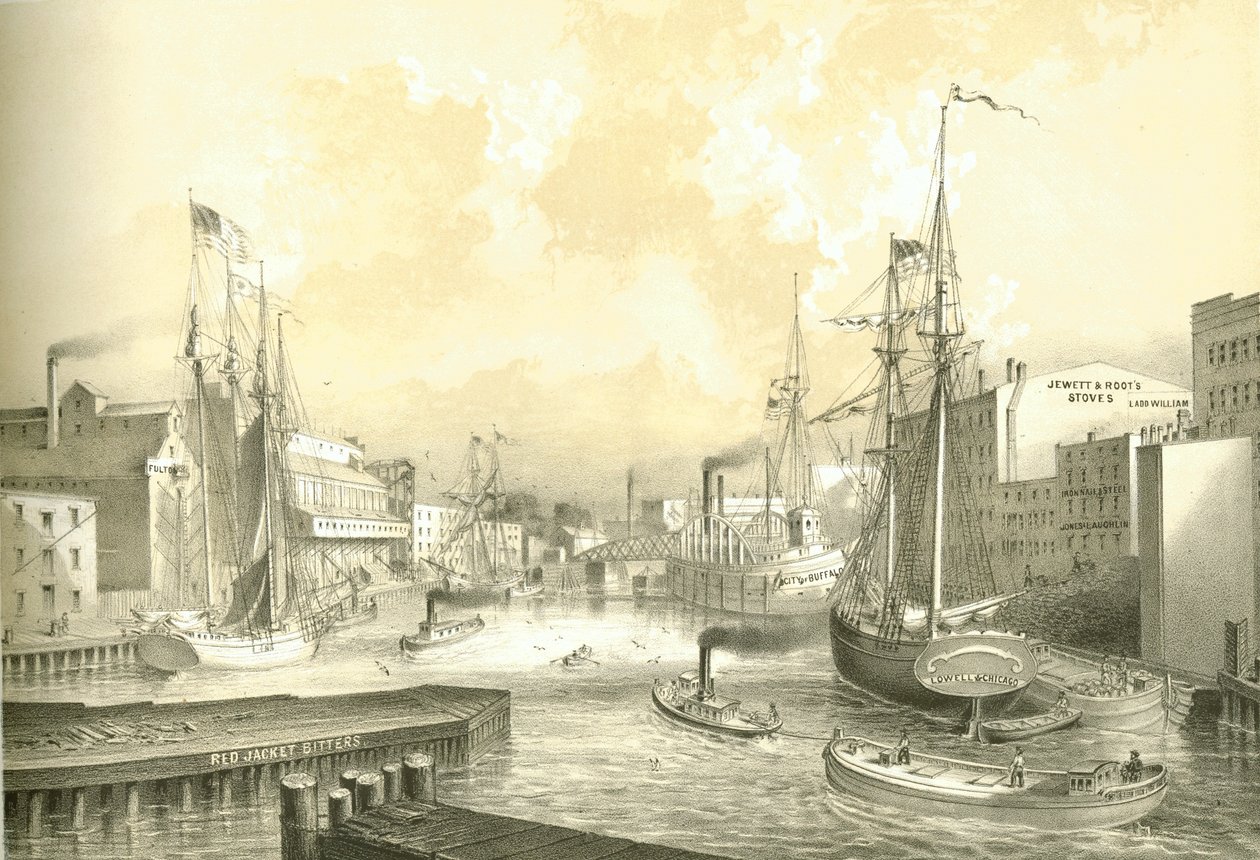 Rush Street Bridge, View from State Street, Chicago Illustrated, James W. Sheahan irodalmi leírásaival, Jevne & Almini, Chicago, 1866-67 alkotó: American School