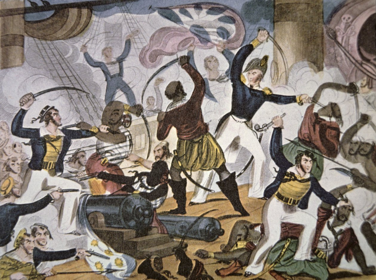 A Királyi Haditengerészet tengerészei Algeri kalózhajóra szállnak, 1820 körül (színes litho) alkotó: American School