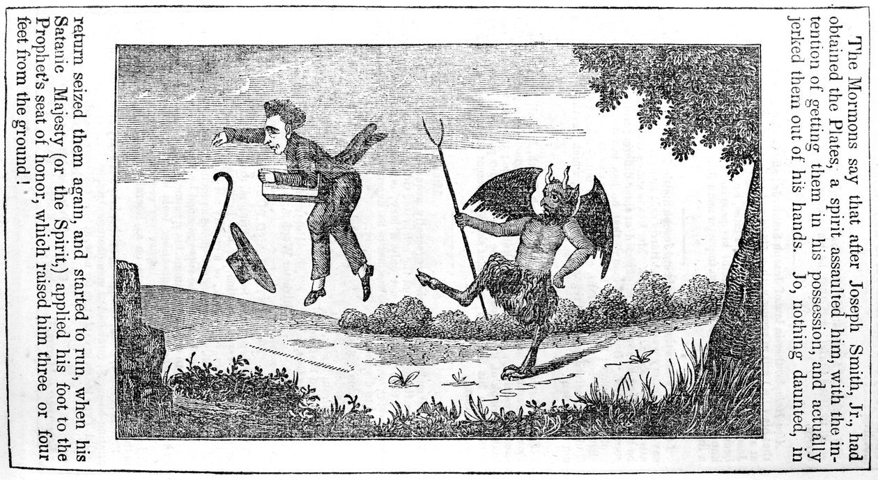 Sátán megrúgta Joseph Smitht (1805-44) az Anti-Mormon Almanach hátsó oldaláról 1842-re alkotó: American School