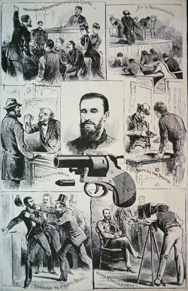 Jelenetek Charles Jules Guiteau (1841-82) bérgyilkos életéből és a fegyverből, amellyel James A. Garfield elnököt (1831-81) ölte meg, 1881 (litho) alkotó: American School