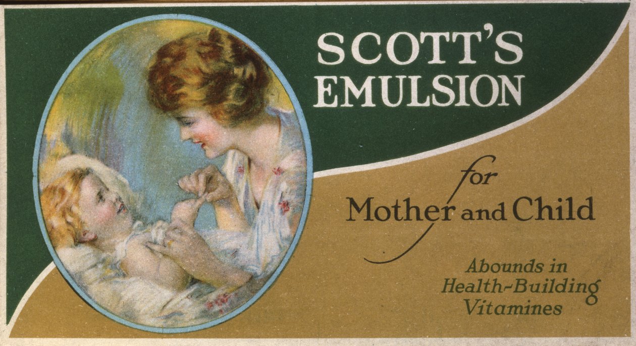 Scotts emulzió anyának és gyermeknek, bővelkedik egészségépítő vitaminokban (litográfia [kereskedelmi kártya]) alkotó: American School