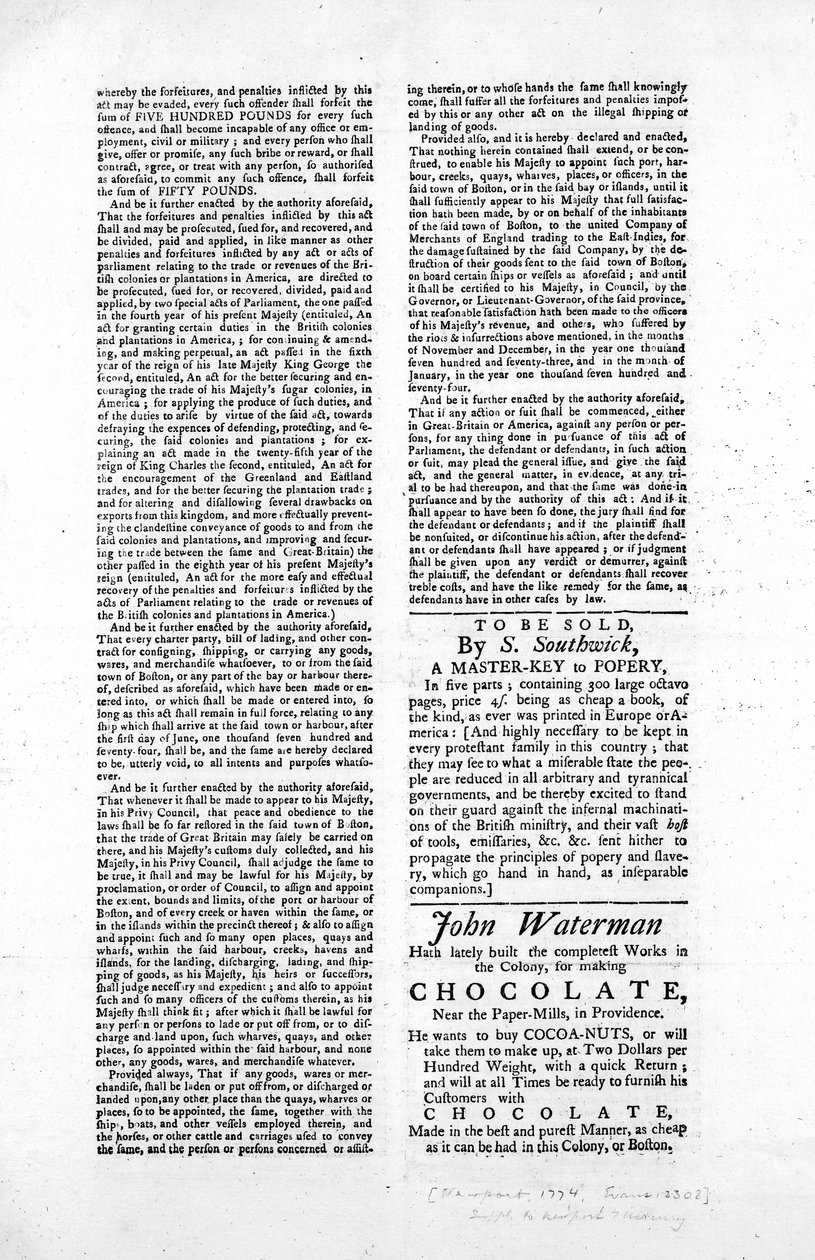 Az 1774-es bostoni kikötő elzárásáról szóló törvényt ismertető széles oldal második oldala (újságpapír) alkotó: American School