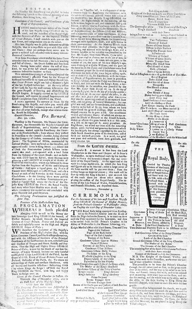 A Boston Evening Post második oldala, amely bejelenti II. György király (1683-1760) halálát, 1761. január 5. (nyomtatott) alkotó: American School